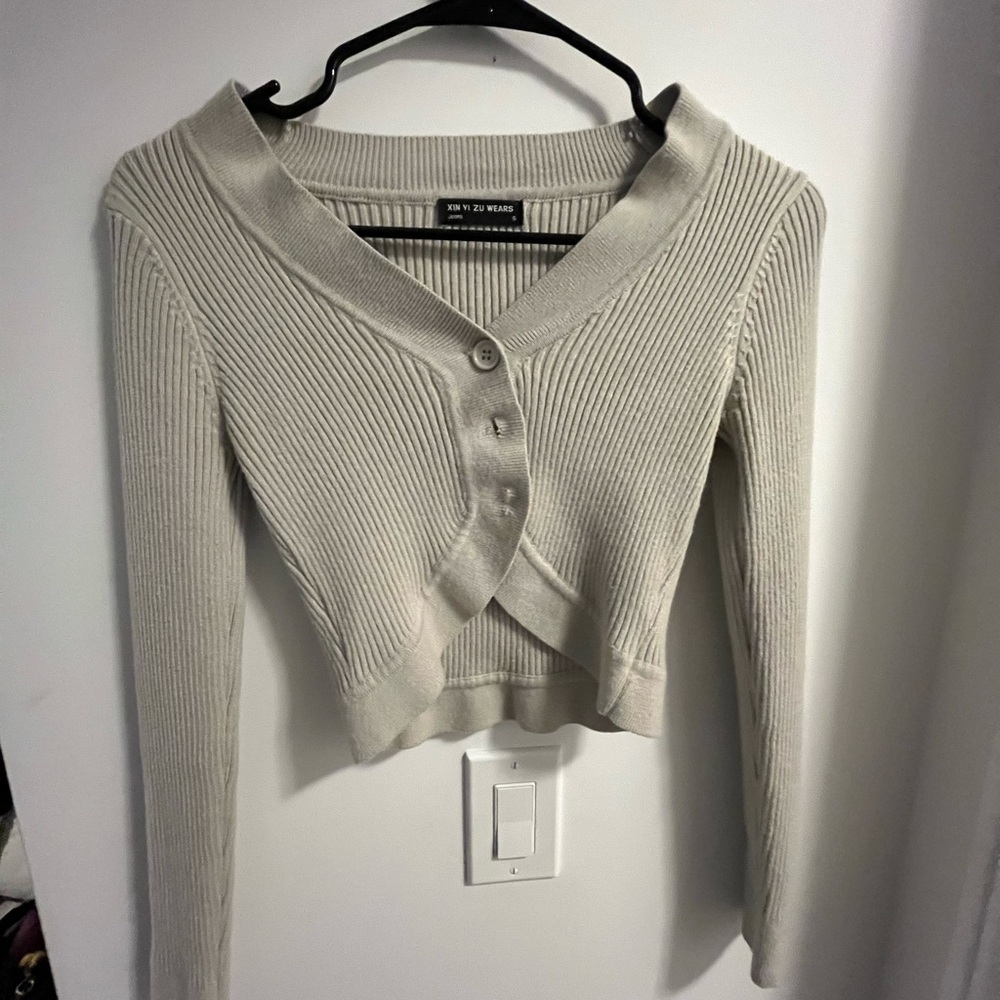 Ribbed Beige Cardigan Sweater
